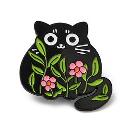 Honeyhandy Cartoon Cat & Flower Enamel Pins, Black Alloy Brooch for Backpack Clothes, Olive Drab, 30x30x1.5mm