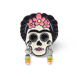 Honeyhandy Flower Skull Enamel Pin with Glass Seed Beaded, Electrophoresis Black Alloy Brooch for Backpack Clothes, Colorful, 32.5x21.6x1.8mm, Pin: 1mm