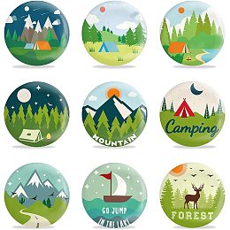 GLOBLELAND 9 Pcs Camping Pinback Buttons Brooch for Adults, Kids, Men or Women, 2-1/4 Inch Camp Activities Round Button Pin