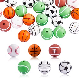 12Pcs 6 Style Basketball/Soccer/Tennis/Baseball/Rugby/Volleyball Silicone Beads, DIY Nursing Necklaces and Bracelets Making, Chewing Pendants For Teethers, Mixed Color, 15mm, Hole: 2mm