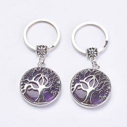 Honeyhandy Natural Amethyst Keychain, with Brass Finding, Flat Round with Tree of Life, 64mm