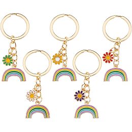 HOBBIESAY 5 Colors Rainbow Keychain 2.75" Rainbow and Daisy Key Rings Alloy Enamel Pendant with Light Gold Plated Keyrings for Women and Girls Birthday Christmas Gift