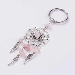 Honeyhandy Natural Chip Rose Quartz Keychain, with Tibetan Style Pendants and 316 Surgical Stainless Steel Key Ring, Woven Net/Web with Feather, 107mm, Pendant: 82x28x7mm