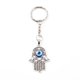 Honeyhandy Alloy Enamel Keychain, with Iron Split Key Rings, Hamsa Hand with Evil Eye, Blue, Antique Silver, 10.1cm