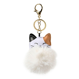 Honeyhandy Imitation Rex Rabbit Fur Ball & PU Leather Cat Pendant Keychain, with Alloy Clasp, for Bag Car Pendant Decoration, White, 16cm