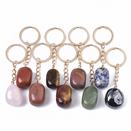 Honeyhandy Gemstone Keychain, with Golden Plated Iron Split Key Rings, Nuggets, 87~90mm