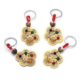 Honeyhandy Feng Shui Brass Coins Keychain, with Iron Key Rings, Wood Beads and Natural Agate Beads, Flower and Chinese Characters, Red, 116mm