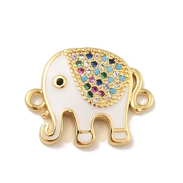 Honeyhandy Brass Micro Pave Colorful Cubic Zirconia Connector Charms, with White Enamel, Cadmium Free & Lead Free, Long-Lasting Plated, Elephant, Real 18K Gold Plated, 15x19x3mm, Hole: 1.6mm