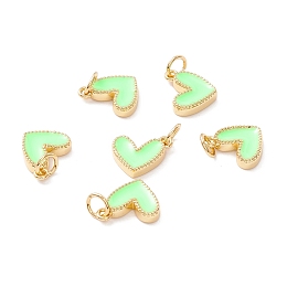 Honeyhandy Rack Plating Brass Enamel Charms, with Jump Ring, Cadmium Free & Nickel Free & Lead Free, Real 18K Gold Long-Lasting Plated, Heart, Pale Green, 9x7x2mm, Hole: 2.5mm