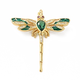 Honeyhandy Rack Plating Brass Micro Pave Cubic Zirconia Pendants, with Enamel, Real 18K Gold Plated, Long-Lasting Plated, Lead Free & Cadmium Free, Dragonfly, Green, 42x40x7mm, Jump Ring: 5x0.8mm, 3.6mm Inner Diameter