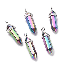 Honeyhandy Rainbow Color Faceted Bullet Glass Pointed Pendants, with Platinum Plated Brass Findings, Multi-color Plated, 38~39.5x12.5x10mm, Hole: 5x3mm