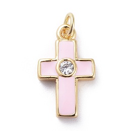 Honeyhandy Cubic Zirconia Tiny Cross Charms, with Brass Findings and Enamel, Golden, Pink, 15x9x2.5mm, Hole: 1.8mm