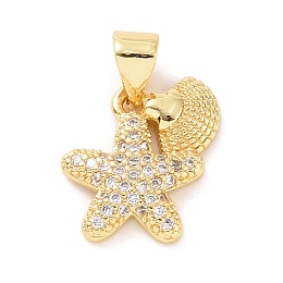 Honeyhandy Brass Micro Pave Cubic Zirconia Charms, Starfish with Shell Shape Charm, Real 18K Gold Plated, Clear, 13.5x13x2.5mm, Hole: 3x4mm