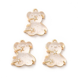 Honeyhandy Transparent Resin Crystal Rhinestone Pendants, Bear Charms, with Rack Plating Real 14K Gold Plated Brass Findings, Cadmium Free & Lead Free, Floral White, 23x20.5x10mm, Hole: 1.8mm