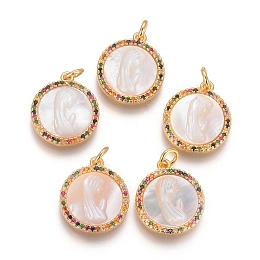 Honeyhandy Brass Pendants, with Micro Pave Cubic Zirconia, Shell and Jump Rings, Flat Round with Virgin Mary, Colorful, Golden, 18x15x3mm, Hole: 3mm