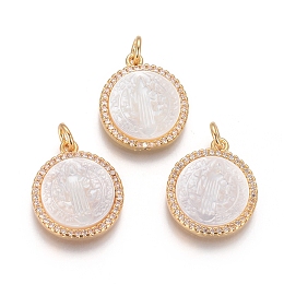 Honeyhandy Brass Pendants, with Micro Pave Cubic Zirconia, Shell and Jump Rings, Flat Round with Saint Benedict, Clear, Golden, 18x15x3mm, Hole: 3mm