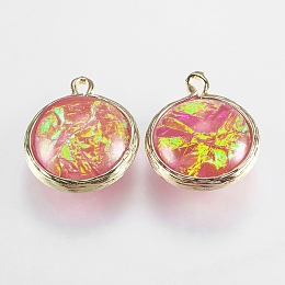 Resin Pendants, with Brass Findings, Flat Round, Light Gold, FireBrick, 19.5~20x16x7~7.5mm, Hole: 1mm