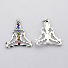 Honeyhandy Yoga Jewelry Colorful Human Brass Glass Rhinestone Chakra Pendants, Platinum, 36x33x3mm, Hole: 4mm