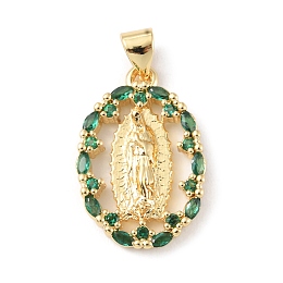 Honeyhandy Brass Micro Pave Cubic Zirconia Pendants, Long-Lasting Plated, Real 18K Gold Plated, Cadmium Free & Lead Free, Oval with Saint Benedict, Green, 21x14x3mm, Hole: 4x3mm