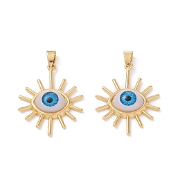 Honeyhandy Brass Pendants, with Resin Cabochons, Long-Lasting Plated, Sun with Evil Eye, Real 18K Gold Plated, Dodger Blue, 34x27x6.5mm, Hole: 6x3.5mm