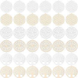 UNICRAFTALE 36Pcs 2 Colors 6 Styles Flat Round with Flower Filigree Pendants Rack Plating Brass Tree of Life Connector Charm Metal Hollow Charms for Necklace Bracelet Jewelry Making