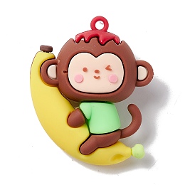 Honeyhandy PVC Plastic Cartoon Pendants, Monkey with Banana, Yellow, 49x40x21mm, Hole: 3mm