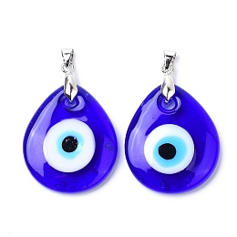 Honeyhandy Handmade Evil Eye Lampwork Pendants, Teardrop, Platinum, 35x29.5x5.5mm, Hole: 4x6mm