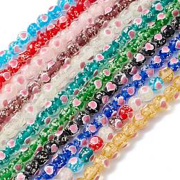 Handmade Lampwork Beads Strand, Round with Heart, Mixed Color, 10x9.5mm, Hole: 2mm, about 40pcs/strand, 14.76''(37.5cm)