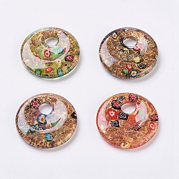 Honeyhandy Handmade Lampwork Big Pendants, Inside Millefiori Glass, Flat Round, Mixed Color, 50x9mm, Hole: 11mm