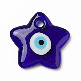 Handmade Evil Eye Lampwork Pendants, Star Charms, Medium Blue, 43x45x7mm, Hole: 5.5mm