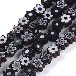 Honeyhandy Handmade Millefiori Glass Bead Strands, Flower, Black, 3.7~5.6x2.6mm, Hole: 1mm, about 88~110pcs/Strand, 15.75''(40cm)