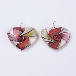 Handmade Silver Foil Lampwork Pendants, Large Hole Pendants, Heart, FireBrick, 48~49x43~44x9.5~10mm, Hole: 6.5~7.5mm