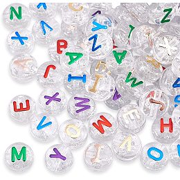 CHGCRAFT 0.3Pounds Plating Transparent Acrylic Beads Flat Round Letter Beads with Glitter Powder DIY Jewelry Making Bracelets Set for Kid Birthday Gift Box Package 0.4inch