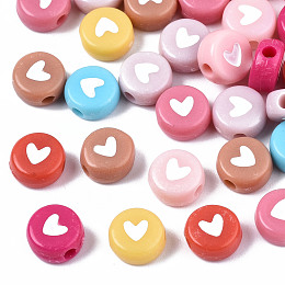 Honeyhandy Opaque Acrylic Beads, with Enamel, Flat Round with Heart, Mixed Color, 6.5x7x4mm, Hole: 1.6mm, about 3600~3700pcs/500g