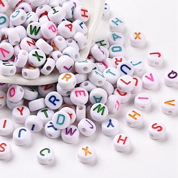 Honeyhandy Opaque White Acrylic Beads, Flat Round with Mixed Color Letter, Letter, 7x3.5mm, Hole: 1.2mm, about 4000pcs/500g