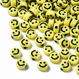 Honeyhandy Opaque Craft Acrylic Beads, Flat Round with Smiling Face, Yellow, 7x3.5mm, Hole: 1.5mm, about 3637pcs/500g