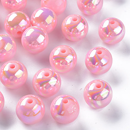 Honeyhandy Opaque Acrylic Beads, AB Color Plated, Round, Pearl Pink, 16x15mm, Hole: 2.8mm, about 220pcs/500g