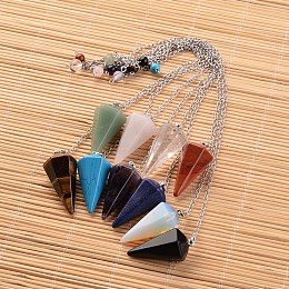 Honeyhandy Platinum Tone Brass Natural & Synthetic Mixed Stone Cone Dowsing Pendulum Pendants, with Lobster Claw Clasps, 230x3mm