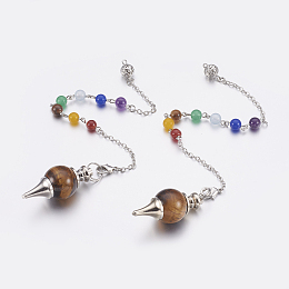 Honeyhandy Natural Tiger Eye Dowsing Pendulum Pendants, with Mixed Stone and Brass Findings, Chakra, Round, Platinum, 240~245mm