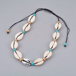 Honeyhandy Adjustable Cowrie Shell and Synthetic Turquoise Beaded Necklaces, with Electroplated Sea Shell Beads and Wood Beads, Nylon Cord, Silver, 13~25.2 inch(33~64cm)