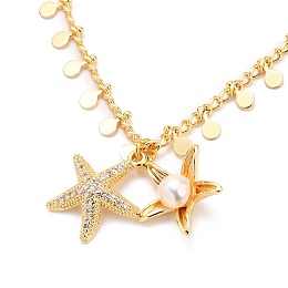 Honeyhandy Brass Micro Pave Clear Cubic Zirconia Starfish Pendant Necklaces, with Natural Pearl Beads, Brass Curb Chains and 304 Stainless Steel Lobster Claw Clasps, Real 18K Gold Plated, 17.9 inch(45.5cm)