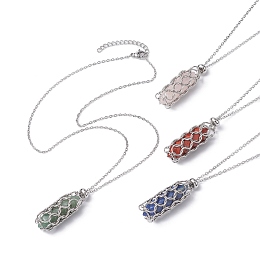 Honeyhandy Natural Mixed Gemstone Bullet Pendant Necklaces, 304 Stainless Steel Chains Macrame Pouch Necklace, Stainless Steel Color, 16.93~17.44 inch(43~44.3cm)