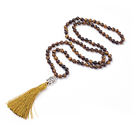 Honeyhandy Tassel Pendant Necklaces, with Natural Tiger Eye Beads, Buddha Head, 31.1 inch~33 inch(79~84cm)