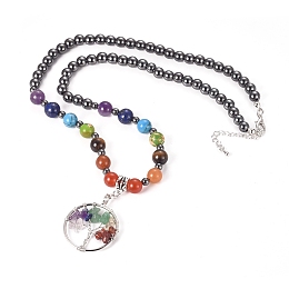 Honeyhandy Alloy Pendant Necklaces, with Gemstone Beads, Ring with Tree of Life, Chakra Necklaces, 19.7 inch(50cm)