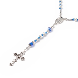 Honeyhandy Glass Pearl & Acrylic Rosary Bead Necklace, Alloy Virgin Mary & Cross Pendant Necklace for Women, Blue, 24.41 inch(62cm)