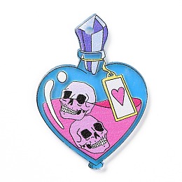 Honeyhandy Halloween Acrylic Pendants, Heart Bottle with Skull, Deep Sky Blue, 40x28x2mm, Hole: 2mm