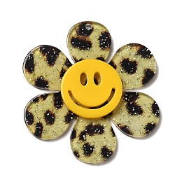 Honeyhandy Leopard Print Pattern Acrylic Big Pendants, with Sequins, Flower with Smiling Face, Colorful, 55x50x4.5mm, Hole: 1.8mm