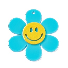 Honeyhandy Opaque Acrylic Big Pendants, Sunflower with Smiling Face Charm, Cyan, 55x50.5x5mm, Hole: 2.5mm