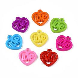 Honeyhandy Acrylic Pendants, Heart with Word, Mixed Color, 21x20.5x4.5mm, Hole: 3mm, about 580pcs/500g