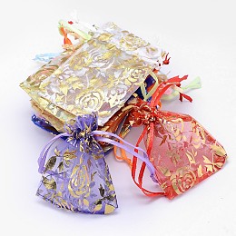 Honeyhandy Gold Stamping Rose Flower Rectangle Organza Gift Bags, Jewelry Packing Drawable Pouches, Mixed Color, 9x7cm